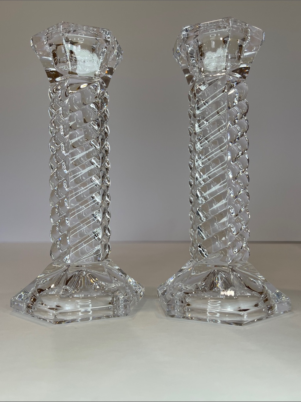 Pair of Heavy Crystal Twist Candlesticks โ 6โ Tall โ Baccarat Odilon Style